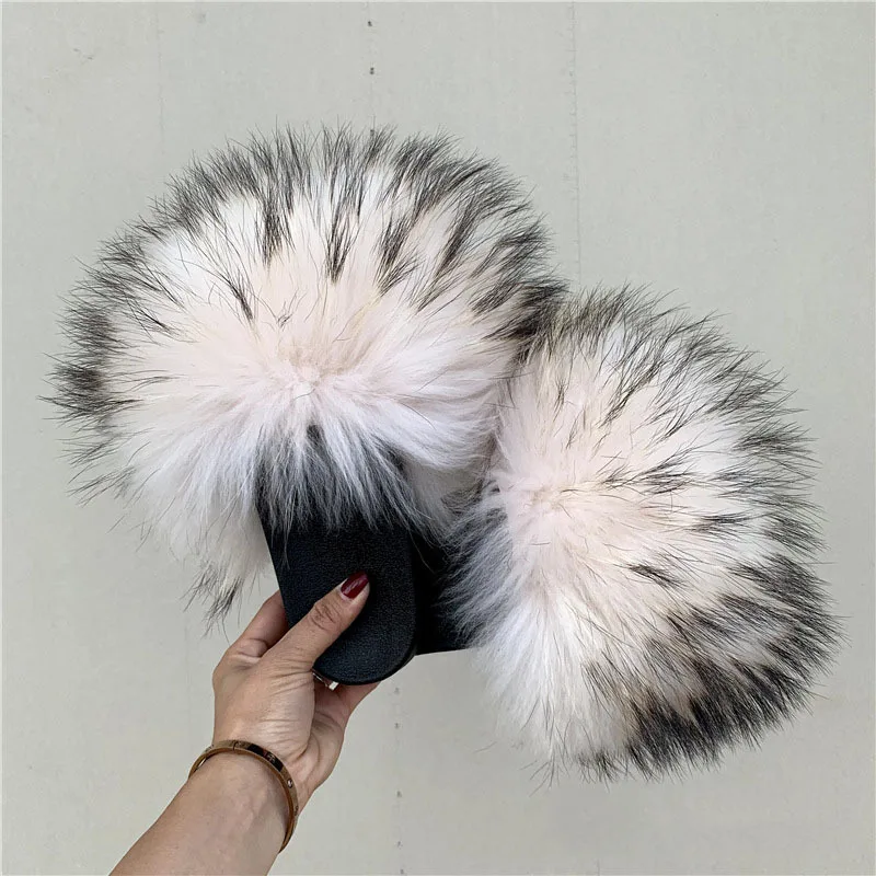 Natural Raccoon Fur Slippers Women Summer Home Slides Fluffy Furry Flip Flops Indoor Outdoor Flat Beach Sandals 3