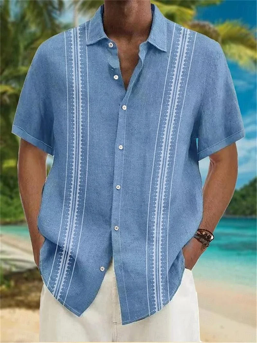 Men's Summer 3D Printed Lines Short Sleeved Lapel Button Up Shirt Fashionable Hawaiian Vacation Casual Clothing