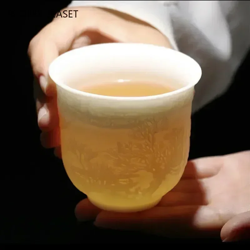 1 PC Boutique Suet Jade White Porcelain Teacup Three-dimensional Embossed Handmade Ceramic Tea Cup Travel Tea Bowl Master Cup