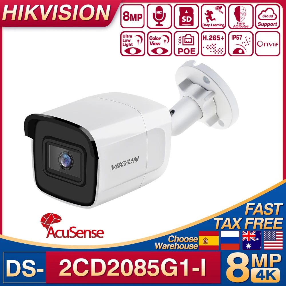 

Оригинальная Hikvision AcuSense 4K 8MP POE Darkfighter фиксированная цилиндрическая IP-камера DS-2CD2085G1-I IR IP67 Встроенная микросетевая камера