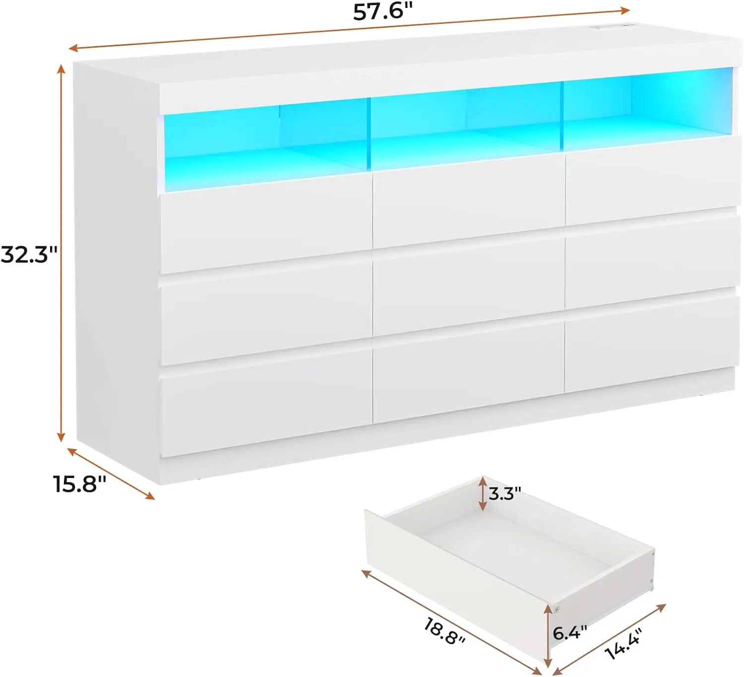 9 Drawer Dresser for Bedroom with LED Lights, Large Chest of Drawers Handle Free, Modern long Dressers with Charging Station 3