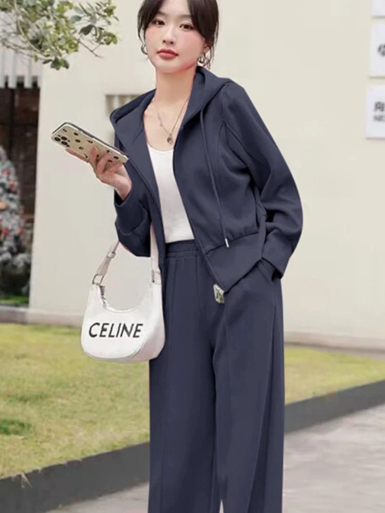 

Spring Autumn Women's Knitted Hoodie 2 Piece Sets Long Sleeve Hooded Cardigan Tops Loose Wide Leg Pants Casual Fashion Clothing