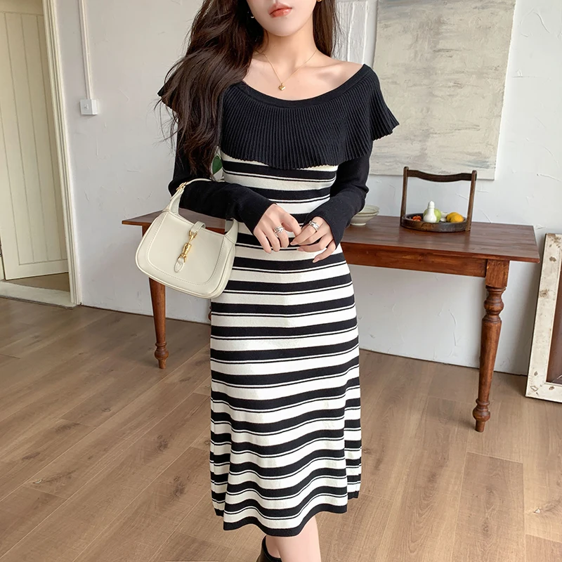 

Real Photo Autumn Slash Neck Flounce Knit Stripe Long Sleeve Dress Elegant Contrast Colors Stripe Fit And Flare Long Dress