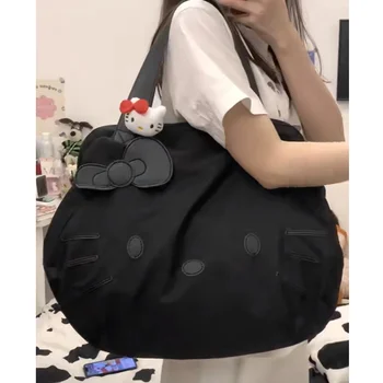 블랙 헬로 키티 원 숄더 크로스 바디 백, 대용량 토트 백, 핸드헬드 학생 단거리 여행 가방, 여성