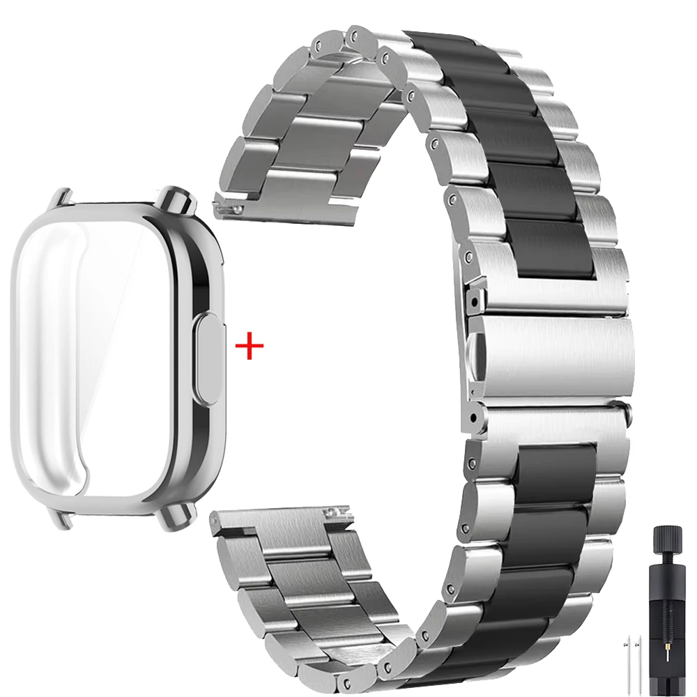 Luxury TPU Case with Stainless Steel Strap for Smart Watch - Soft Protective Cover with Premium Metal Watchband Correa