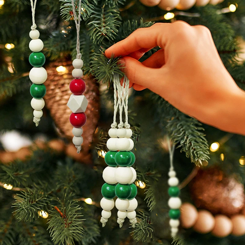 

Christmas Tree Wooden Beads String Hanging Decorations Tassels Beading Pendants DIY Lattice Printed Handwoven Creative Ornaments