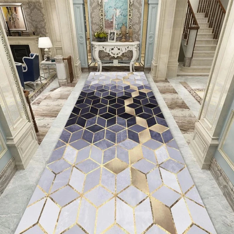 

Black Golden Geometric 3D Carpet Long Corridor Rug Nordic Geometric Hotel Runner Rug Hallway Home Entrance Door Mat Anti-Skid