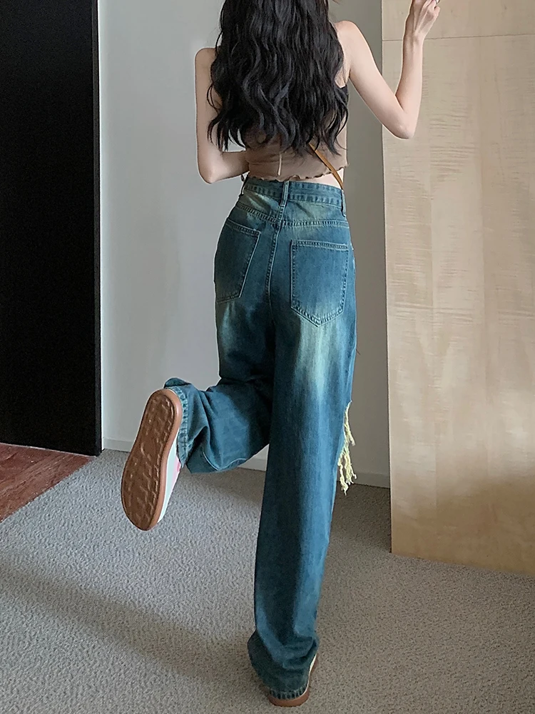90s European and American Ripped High Street Holdes Hip-hop Loose Straight Wide Leg Jeans Y2K Retro Harajuku Denim Pants Trouser