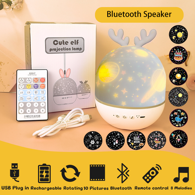 Duck Rotating Starry Sky Projector Lamp Children Night Light Baby Gift Rechargeable Music Bluetooth Speaker Bedroom Decor