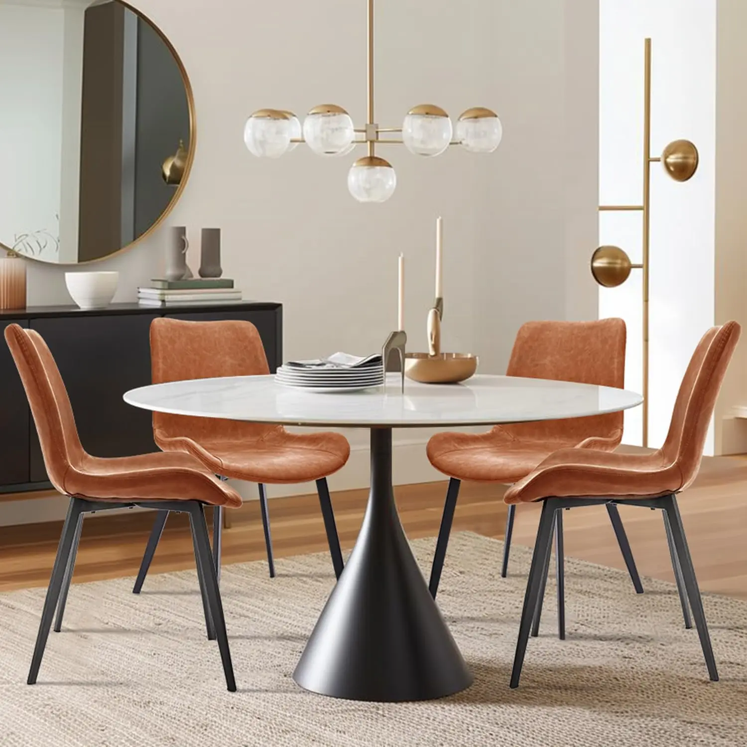 NEW Modern ‎Faux Leather Dining Chairs, PU Cushion Seat Back，Metal Legs for Kitchen Dining Room Side Chair, Set of 4, Brown 2