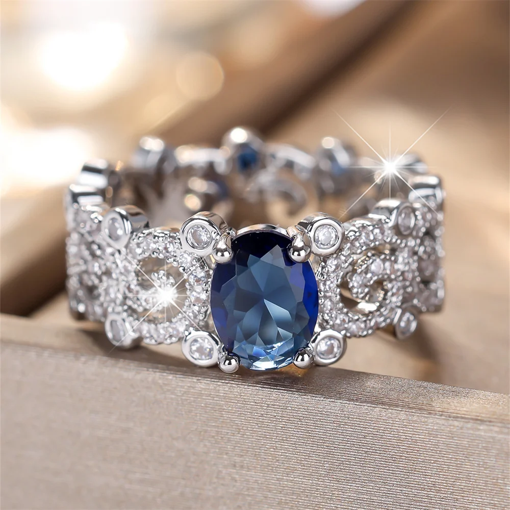 Blue Crystal Oval Stone White Zircon Rings For Women Vintage Silver Color Engagement Bands Wedding Jewelry Bridal Versatile Gift