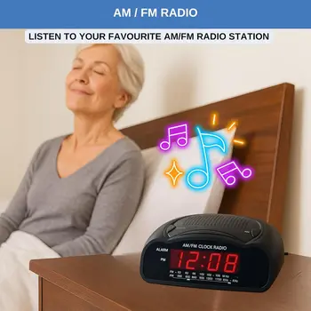 Red LED Digital Alarm Clock with AM/FM Radio, Loud Buzzer for Heavy Sleepers, Compact Desk or Bedside Clock 4