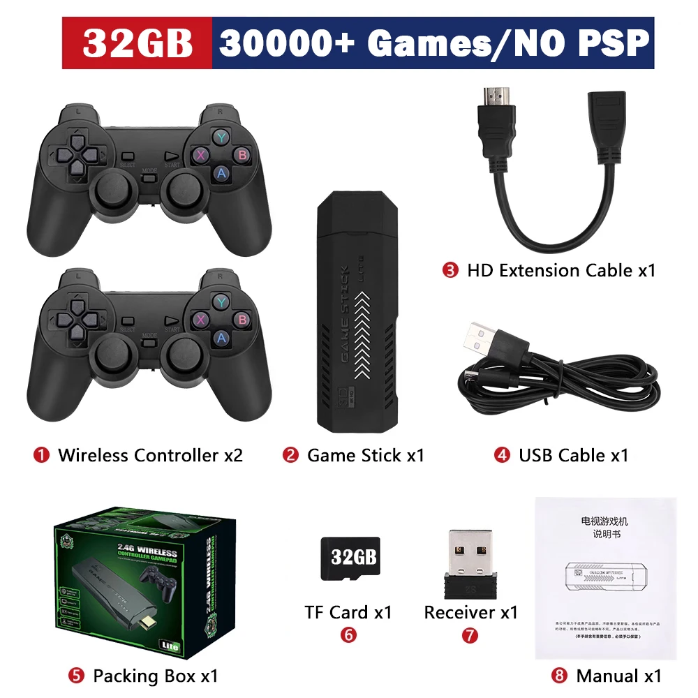 4K HD Video Game Console 32/256G 60000+Games X2 Plus Game Stick 2.4G Double Wireless Controller Game Stick For N64/PSP/PS1/GBA