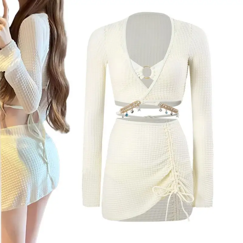

3 Piece Swimsuits For Women Long Sleeve Halter Ring Bikini Set With Cover Up Skirt Swimwear Set Beach Outfit For Pool Summer