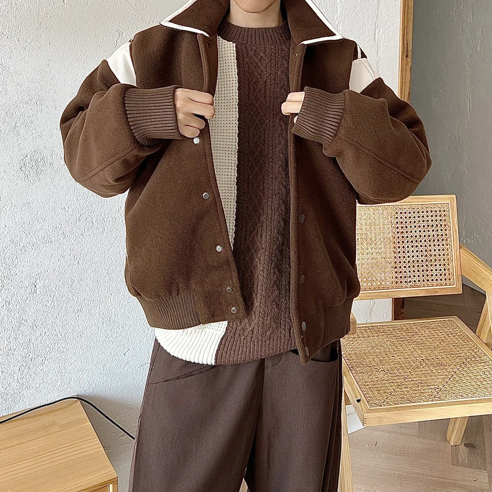 

Men's Wide Woolen Jacket Autumn And Winter Retro Color Matching Shoulder Pad Thickened Lapel Jacket