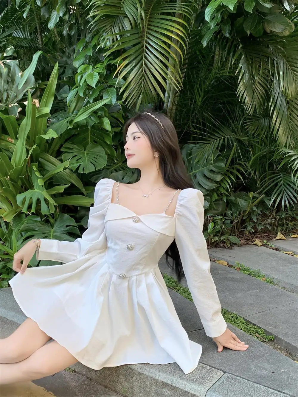 Korean Style Solid Mini Dress Women Long Sleeve Square Collar Spring Fashion High Waist Female Birthday Party Vestidos Mujer