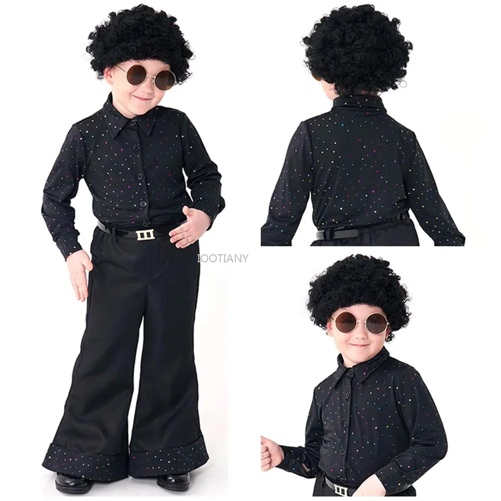 

Retro 70s Disco Costume Kids Children Sequin Singer Dancers Cosplay Clothes Boys Wig Shirt Pants Outfits Halloween Carnival Suit