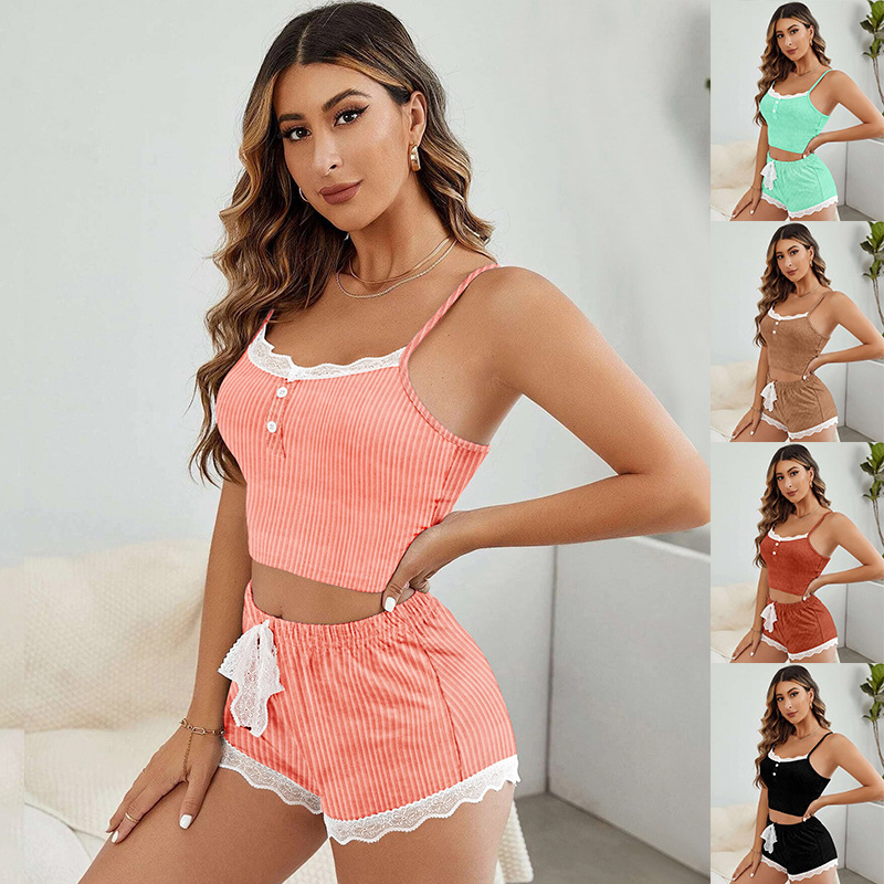 Women Pajamas Set Crop Camis Top Shorts Loungewear Summer 2Pcs Outfit Sets Lace Trim Sleepwear Soft Pyjamas Nighties Homewear