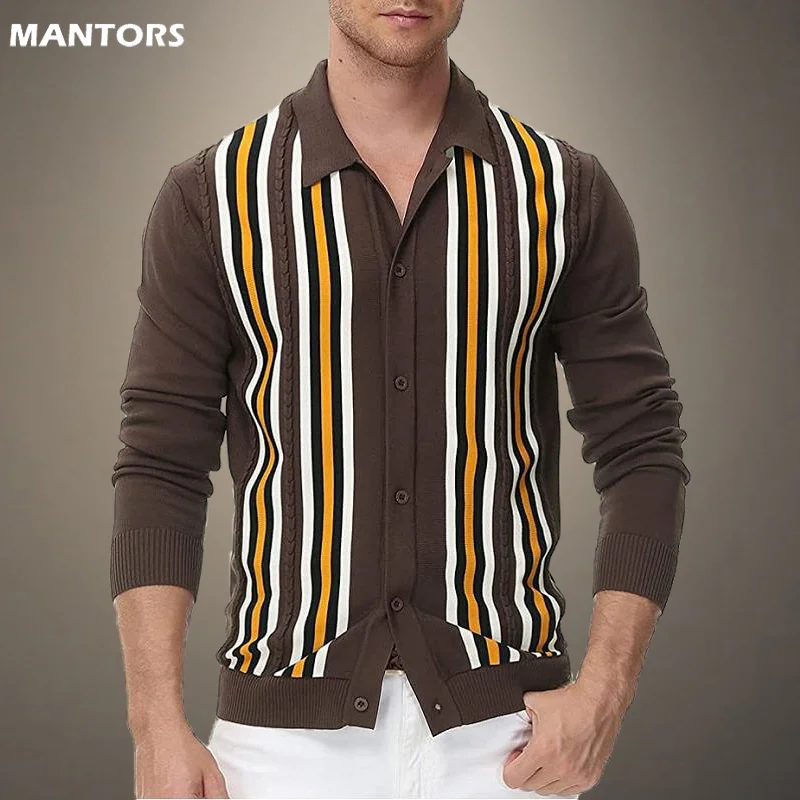 

Vintage Striped Shirt Men Long Sleeve Blouse Business Men's Polo Shirts Spring Autumn Casual Knit Men Shirt Buttons Shirts Tops