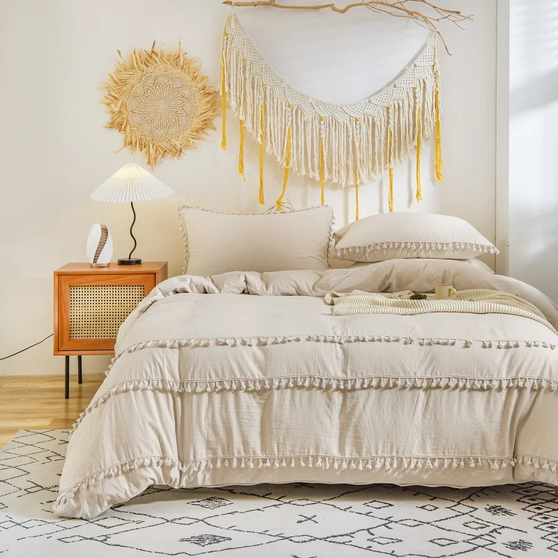 

Beige Tassel Bedding Set Ivory Duvet Cover Set Light Grey Beige Tufted Tassel Fringe Shabby Chic Dropshipers Bedding Sets