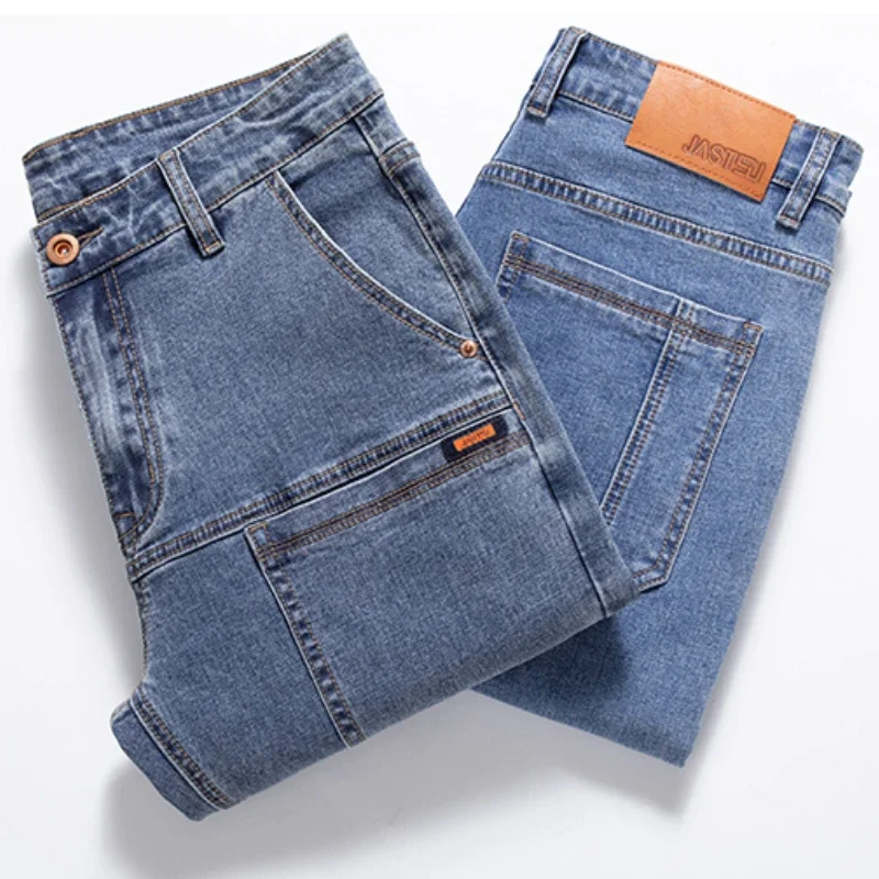 Multi-bag Design Large Capacity Straight Leg Stretch Jeans Classic Style Blue Slim Cotton Elastic Regular Fit Denim Pants