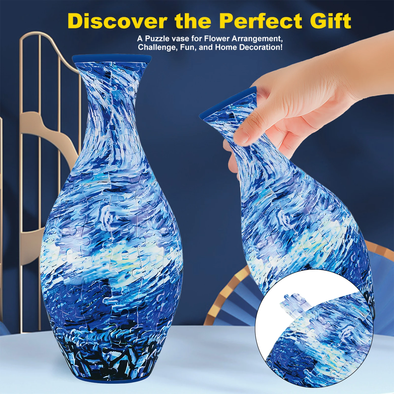 3D Puzzle Vase,Van Gogh oil painting Art Series,160 curved plastic puzzles,suitable for flower arrangement and home decoration