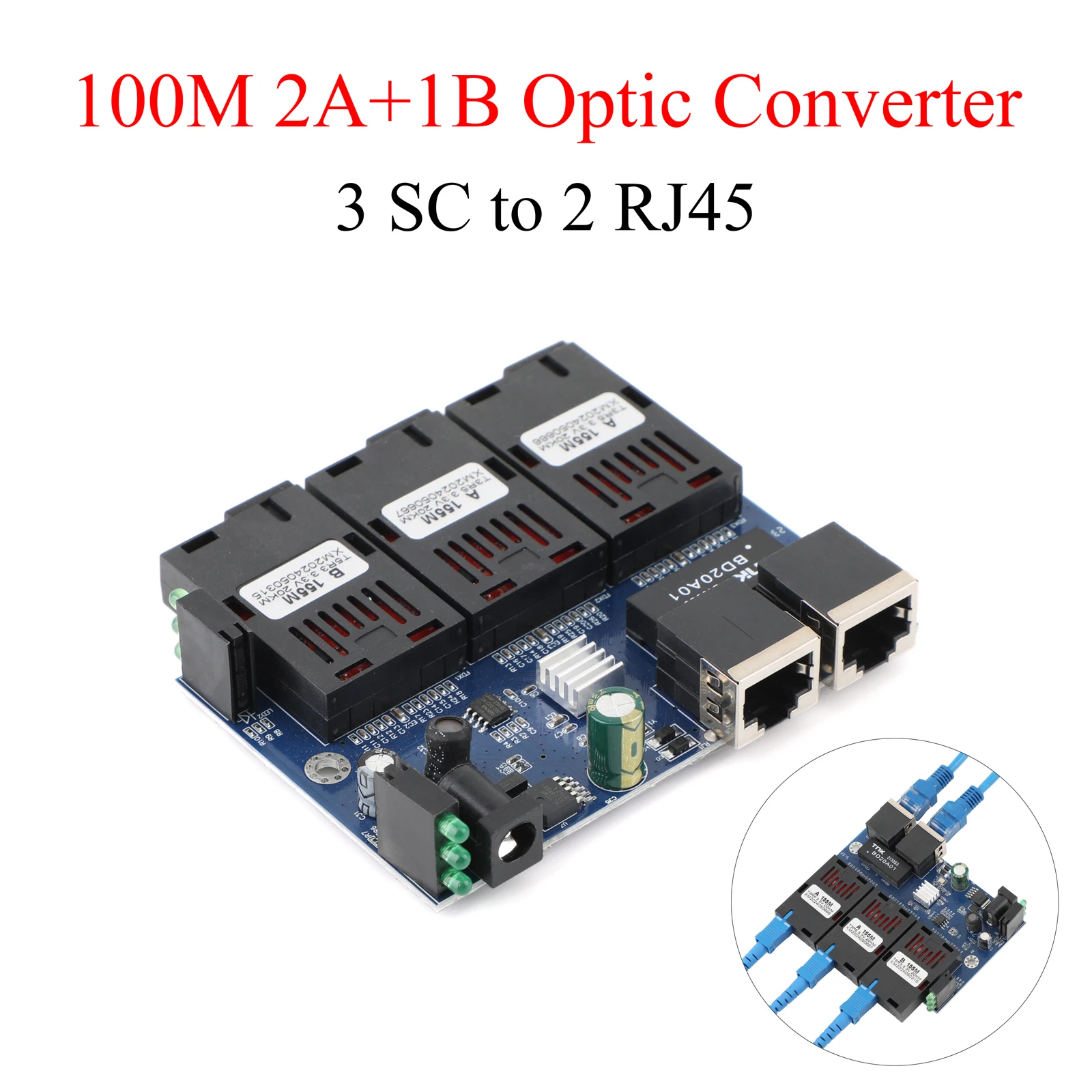 1*10M/100M Fiber Optic Media Converter 2 RJ45 to 3 SC 2A+1B Optic Connector 1310nm/1550nm Ports PCBA Board 20KM Ethernet Switch