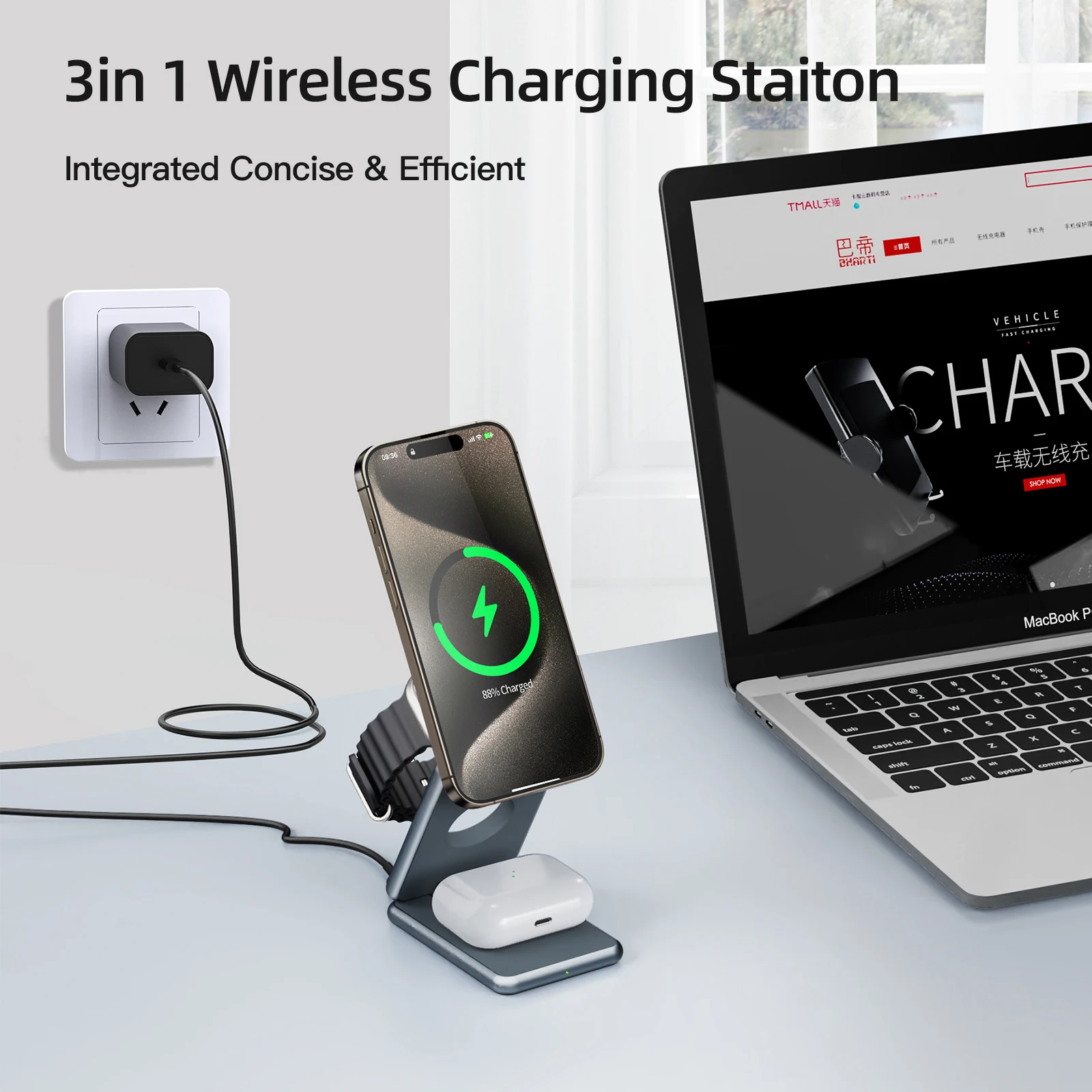 

New 3 in 1 folding wireless magsafe charger for Apple smartphone/watch/earphone wireless charging stand