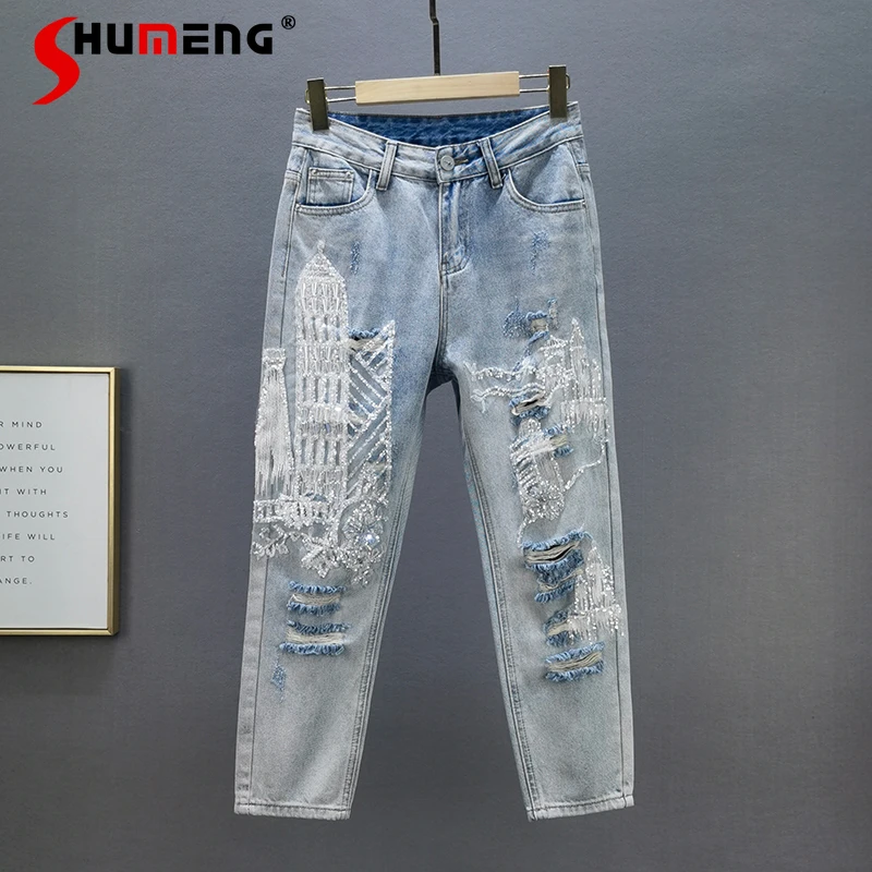 Pantalones vaqueros holgados de cintura alta para mujer, vaqueros con bordado de rasgados, primavera, vaqueros| - AliExpress