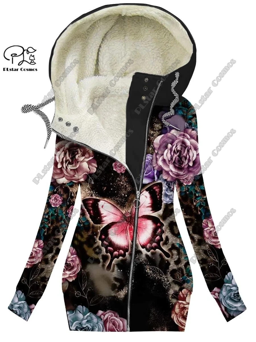 New 3D printed flower series flower skull pattern velvet warm women's long zipper hoodie jacket commuting casual winter H-4