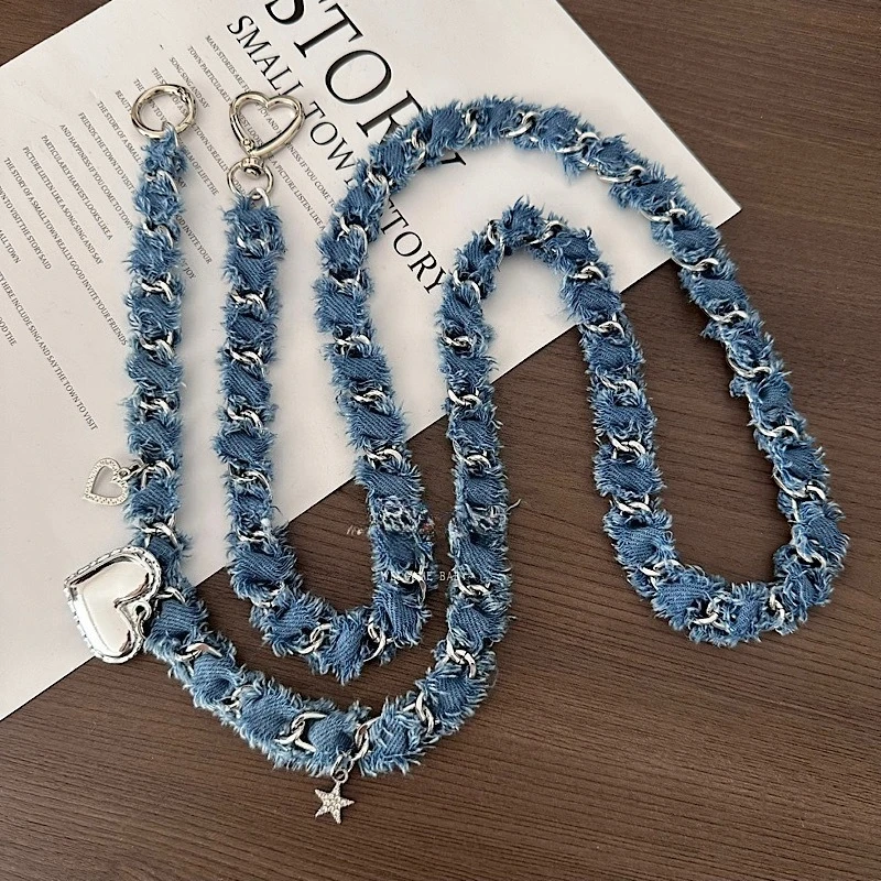 Washed Denim Love Pendant Tassel Phone Lanyard - Trendy Y2K Accessories Chain