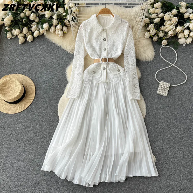 

Elegant Women White Party Dress Fashion Hollow Out Lace Patchwork Chiffon Pleated Dresses Long Sleeves A-Line Belt Midi Vestidos