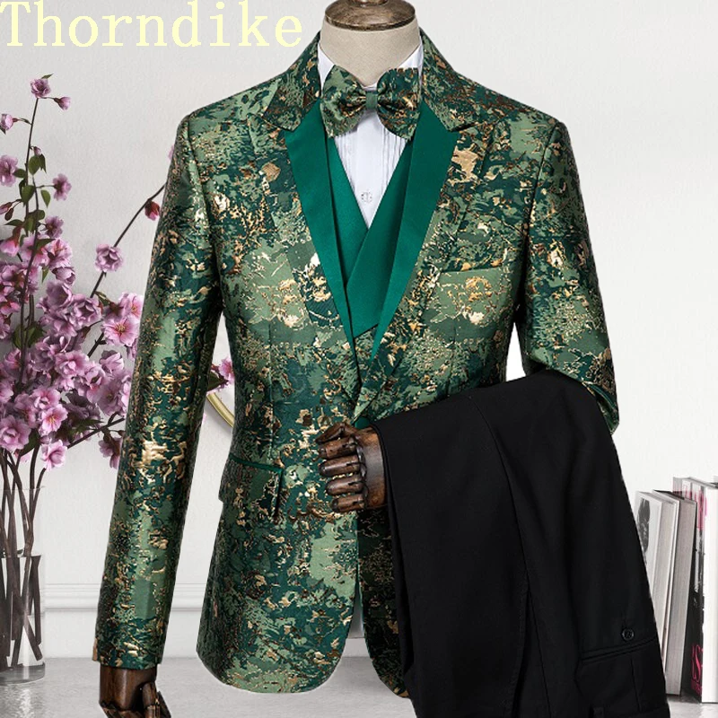 Man Fashion Green Jacquard Party Blazer Pants Vest Suits Casual Slim Blazer Coat Suit