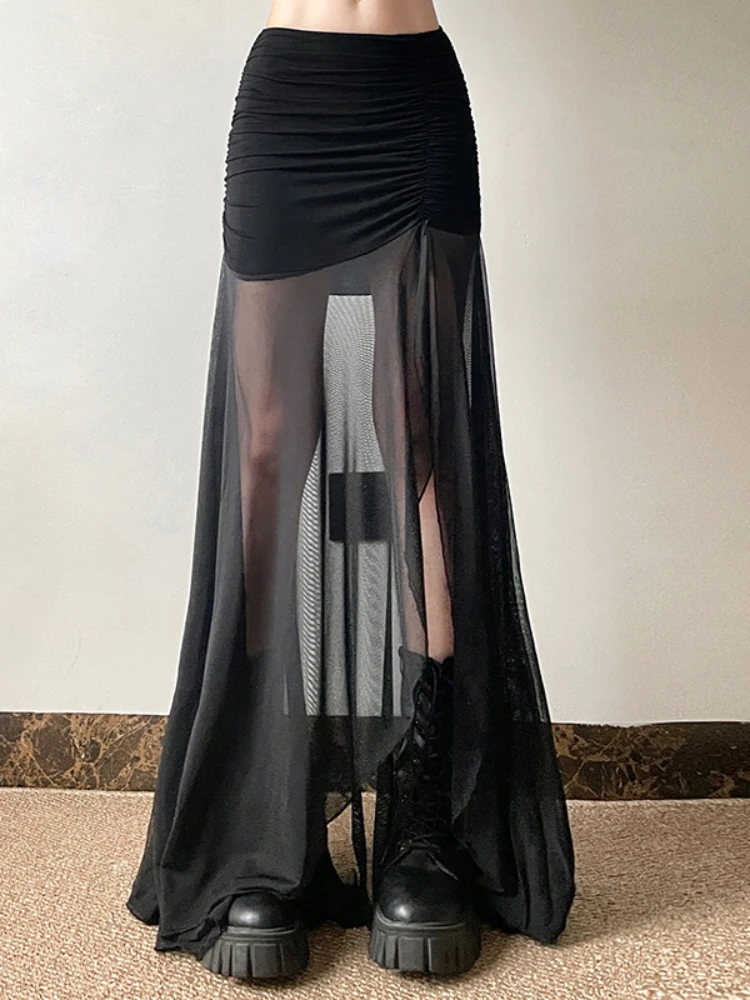 AltGoth Harajuku Goth Skirt Women Sexy Streetwear Mesh Patchwork High Waist Split Skirt Emo Alternative Grunge See Through Skirt