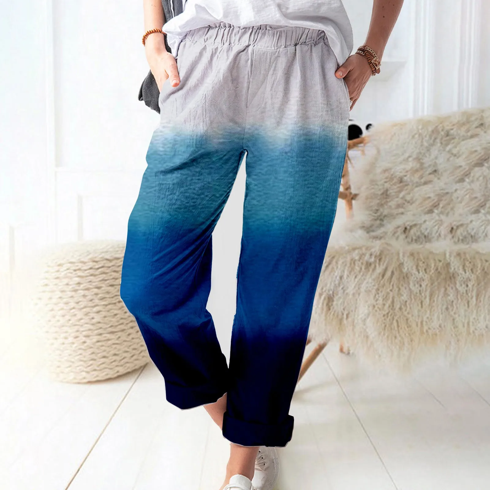 

Women's Printed Cotton And Linen Pockets Casual Fashion Pants Pockets Elastic Waist Printing Plus Beach Vacation Size Pants