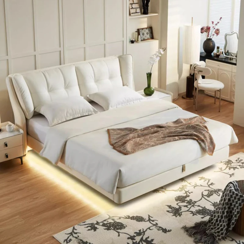 Nordic Frames Light Bed High End Queen White Leather Wood Twin Bed Frame Full Size Sleeping Letto Matrimoniale Furniture