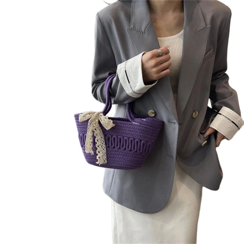 Women Straw Handbag Handmade Beach Bag Large Capacity Shoulder Bag for Daily Use E74B