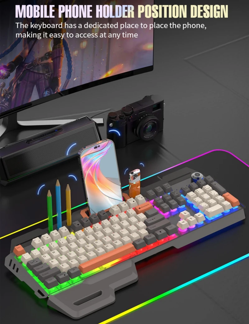 게이밍 키보드 스페인어 러시아어 아랍어 키보드 100% 레이아웃 RGB 백라이트 게이머 키보드 볼륨 노브 유선 K90 104키 손잡이