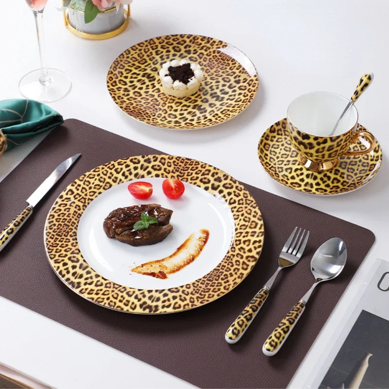 Leopard Pattern Bone China Western Food Plate Bowl Ceramic Knife Fork Spoon Coffee Tea Cup Hotel Clubhouse Restaurant Tableware