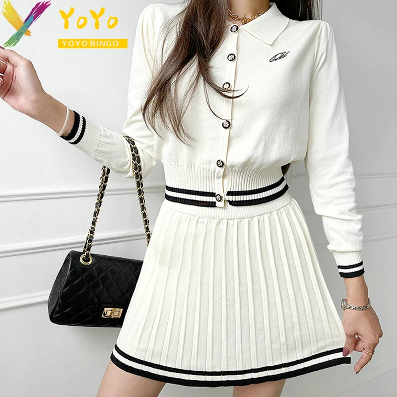 

Белый вязаный комплект, короткий топ с длинным рукавом и плиссированная юбка-трапеция, осень/зима, облегающий милый корейский комплект из 2 предметов