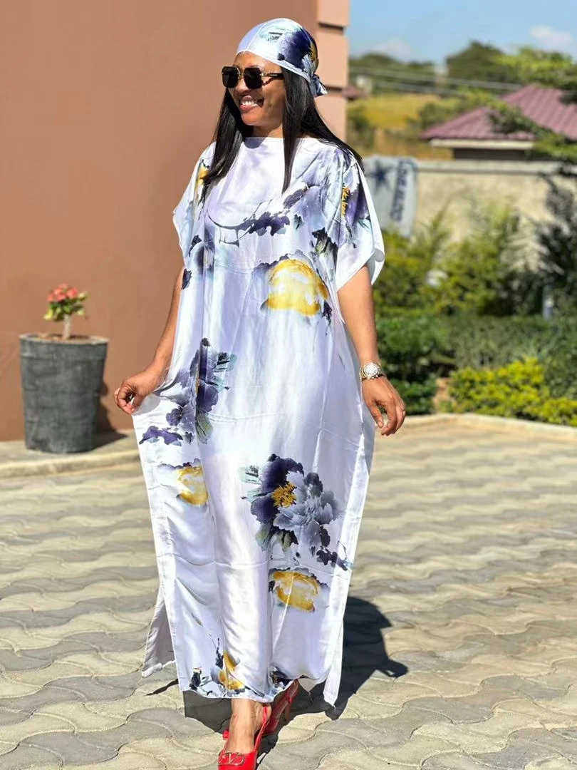 

Purple Orange African Dresses for Women Summer African Women Half Sleeve V-neck Polyester Long Dress African Print Dresses