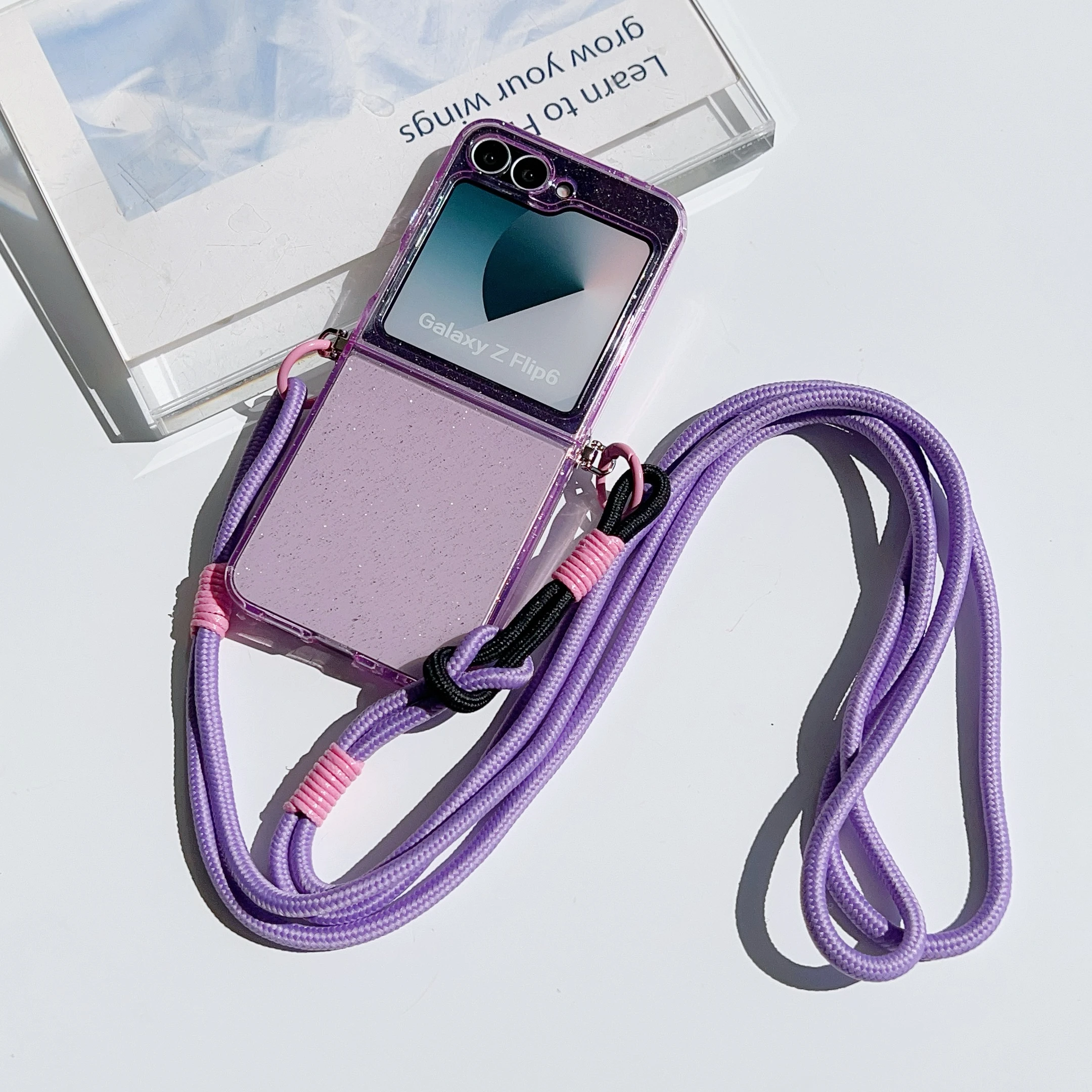 Crossbody Lanyard Glitter Candy Color Phone Case - Foldable Shockproof Cover