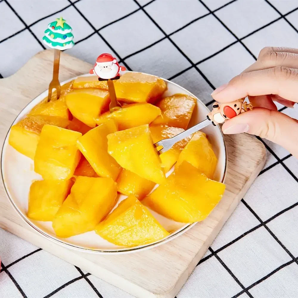 5pcs Christmas Theme Fruit Fork With Jar Stainless Steel Fruit Fork Set Salad Cutlery Kitchen Gadgets Feliz Navidad Kids Favors