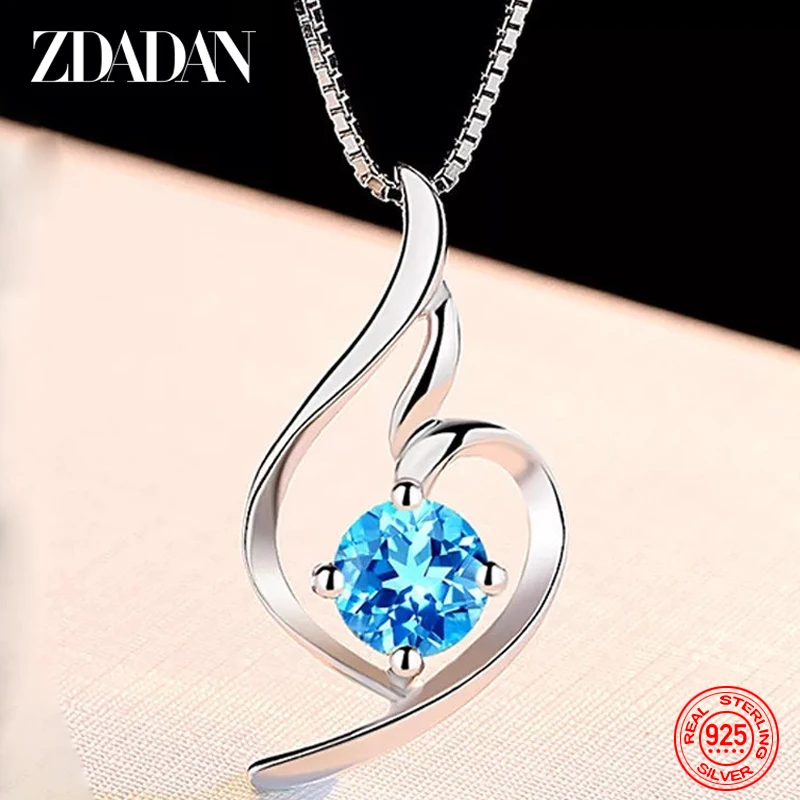 ZDADAN 925 Sterling Silver Blue Crystal Necklace Earring Set For Women Fashion Wedding Jewelry Party Gift 2