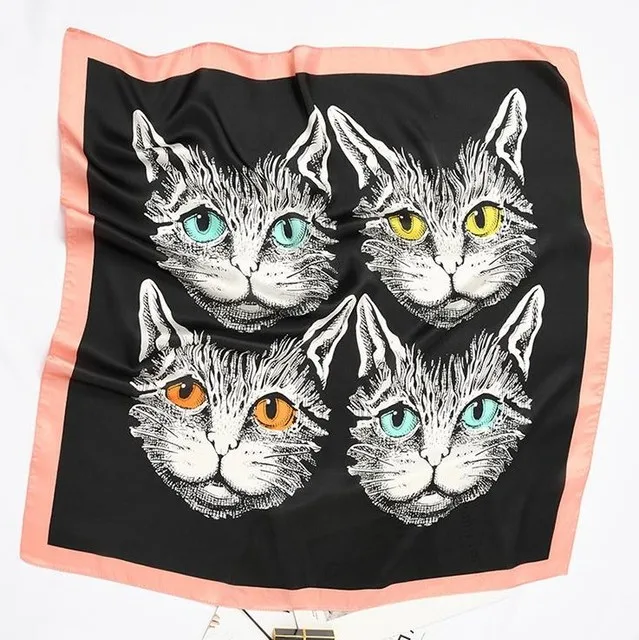 70cm*70cm Silk Square Scarf Women Cartoon cat Bag Print Foulard Big Hijab Bandana Lady Neckerchief High Quality Silk Scarf FJ095 4