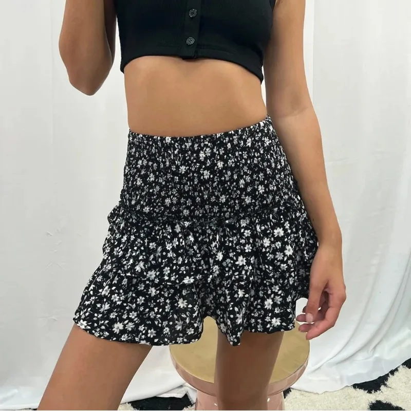 Spring and Summer Women\'s Dresses Elastic High Waist Ruffled Flower Print Contrast Color Fashion Y2K Casual Sexy Short Skirt