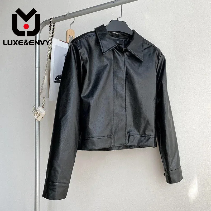 

LUXE&ENVY Black Motorcycle Suit Leather Coat Women's New Design Sense Net Red Fashion Leather Jacket 2023 Autumn
