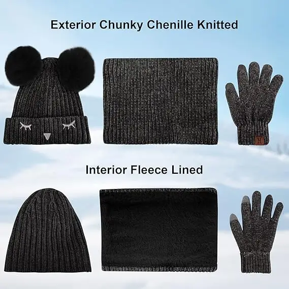 3 Pack Kids Hat Scarf Gloves Sets Winter Warm Pom Beanie Hat Fleece Lined Neck Warmer for Girls Boys 2-6