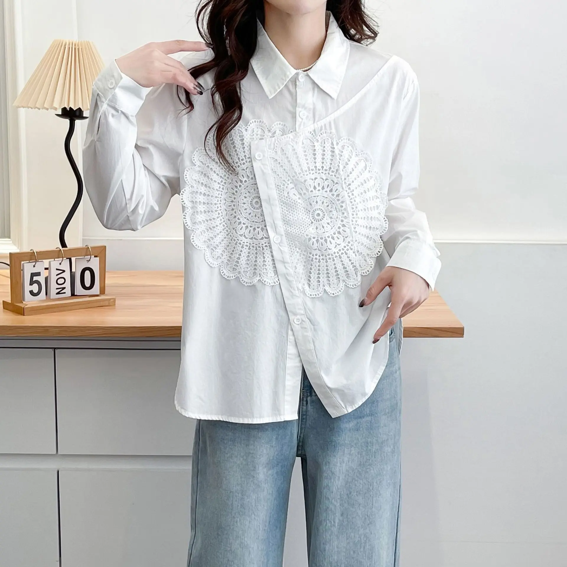 Spring Plus Size Women's Blouses New Design Lace Flower Long Sleeved Cotton Shirt 100kg Casual Tops 6177