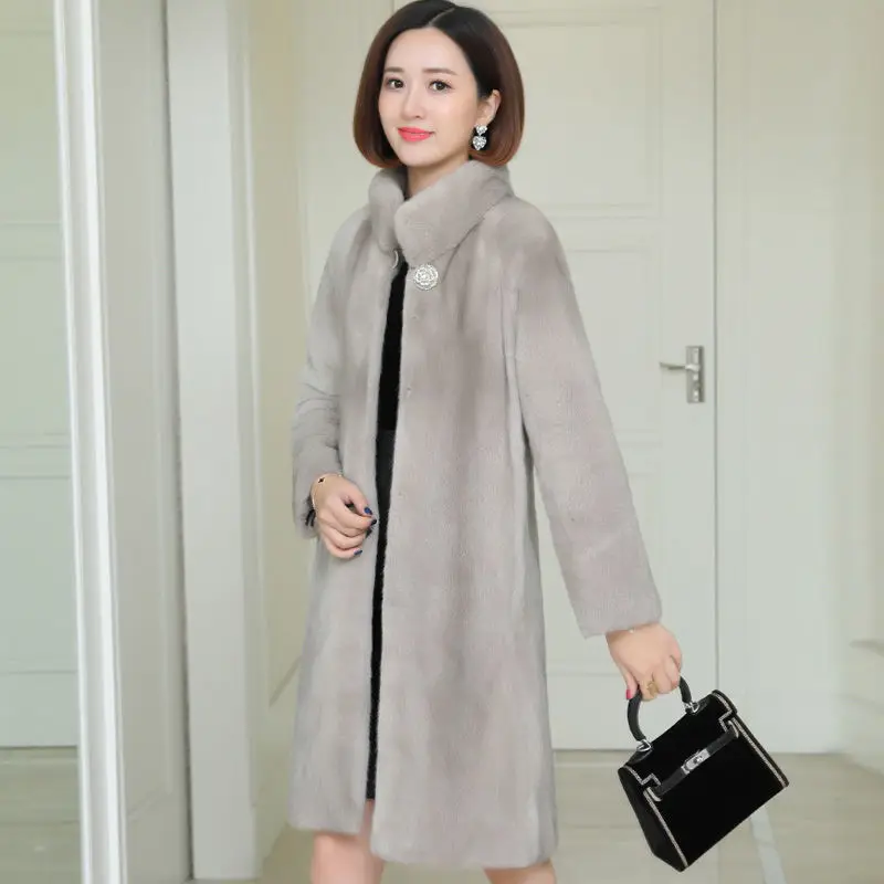 Oversized Faux Mink Fur Coat Women Casual Windproof Midi-Length Winter Jacket Plus Size Loose Stand Collar Fake Fleece Outwear